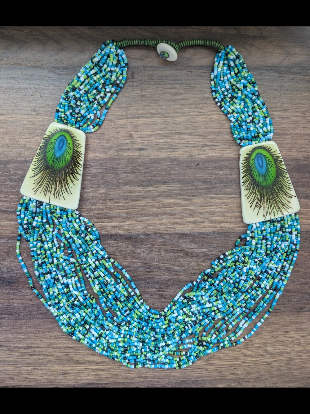 Peacock Motif Multistrand Beaded Necklace - Green & Blue